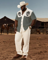 Big & Tall Men's Western Style Color Matching Casual Skull Print-short Sleeve Shirt Pants Suit